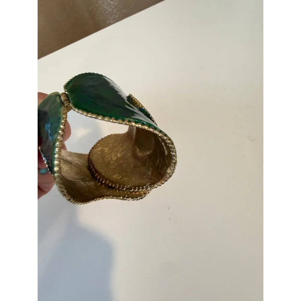 Green Blue Enamel Paisley Hinged Cuff Bracelet Gold Tone Statement Wide Band